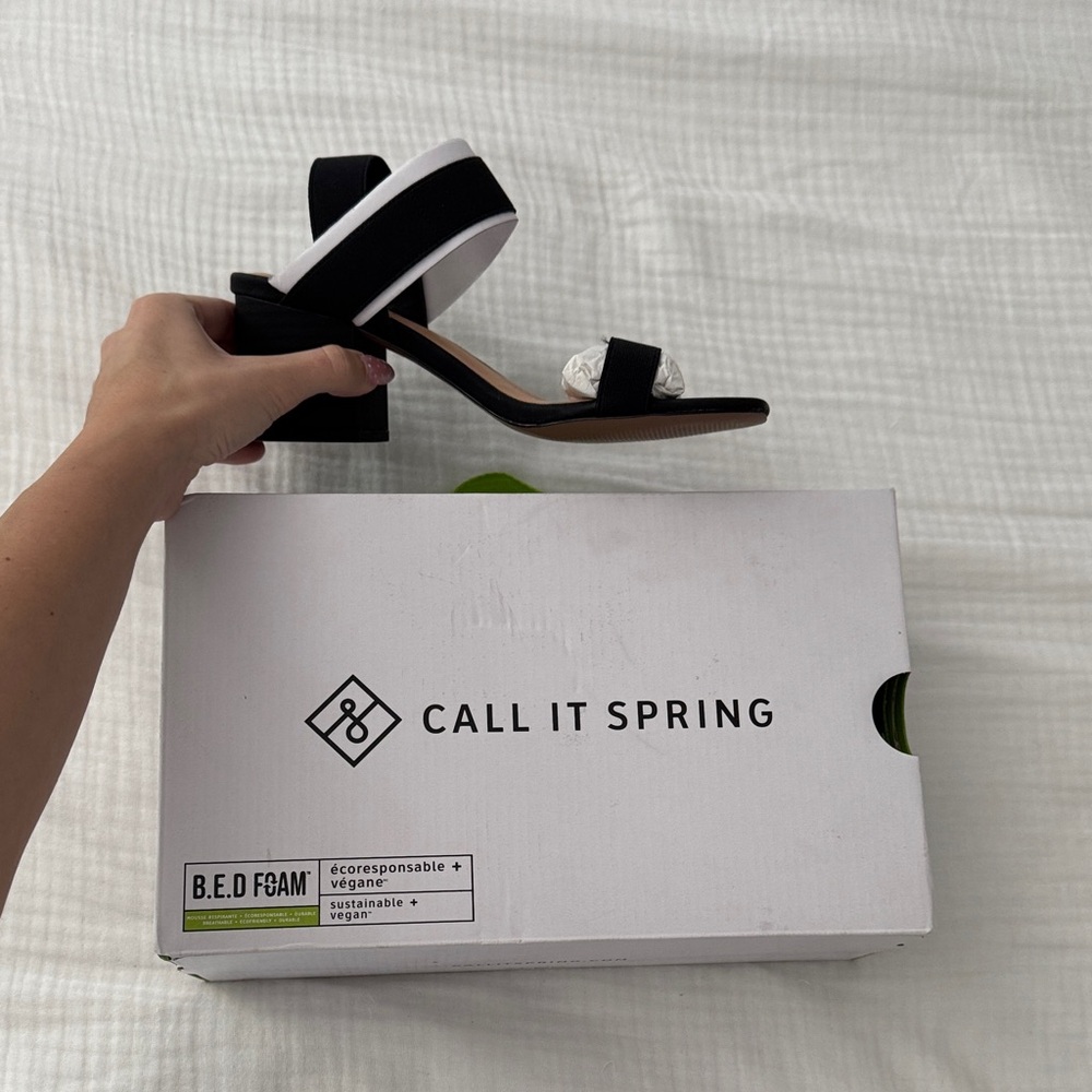 Call It Spring Black and White Block Heel Sandals